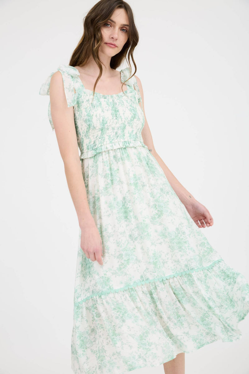 Floral Smocked Sweetheart Ruffle Trim Midi Dres | Mint