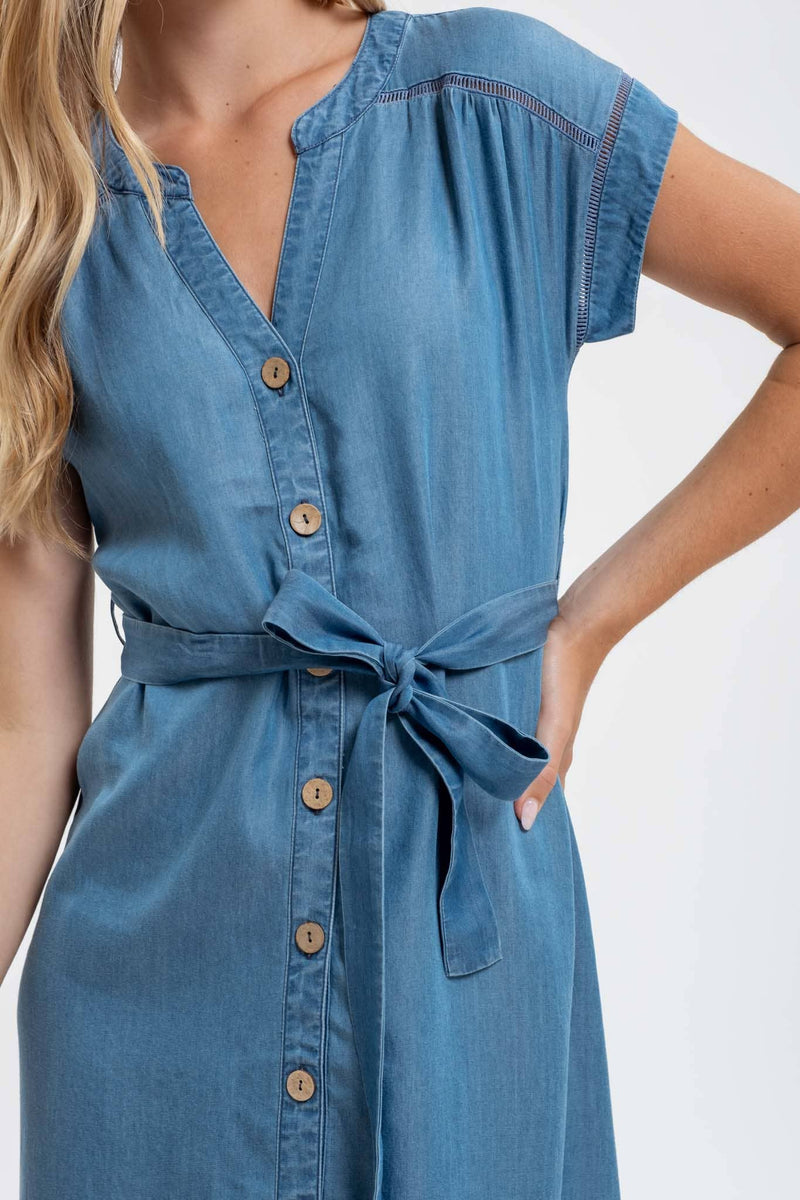 The Amanda Chambray Button Down Belted Midi Dress