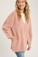 Fuzzy Knit Balloon Sleeve Jacket | Dusty Pink