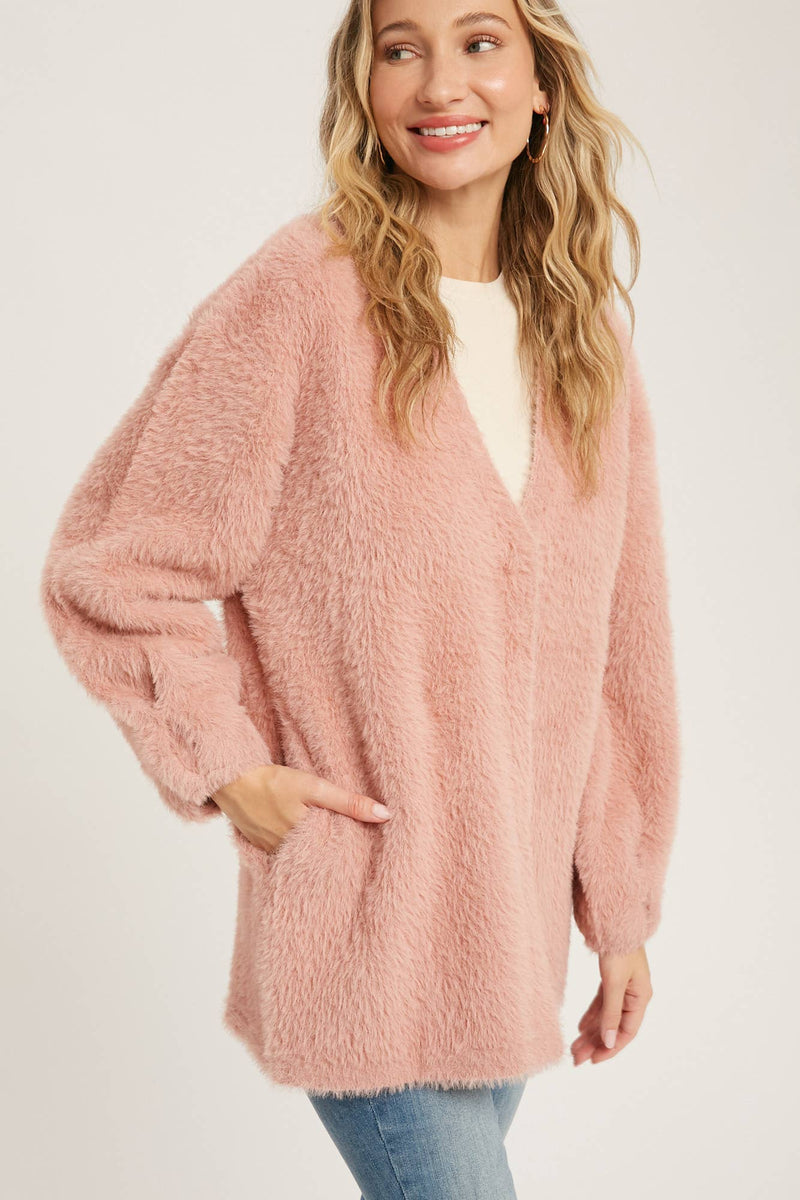 Fuzzy Knit Balloon Sleeve Jacket | Dusty Pink