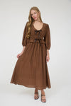 Velvet Bow Tie Long Sleeve Midi Dress | Brown
