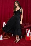 Sweetheart Tie Strap Ruffle Hem Midi Dress | Black