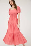 V-Neck Front Tie Puff Sleeve Tiered Midi Dress | Coral