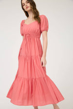V-Neck Front Tie Puff Sleeve Tiered Midi Dress | Coral