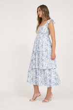 Floral Tie Strap Ruffle Tiered Midi Dress | Blue