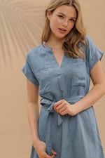 Belted Chambray Cuff Sleeve Shirt Dress