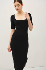 Square Neck Half Sleeve Body-con Sweater Dress | Black