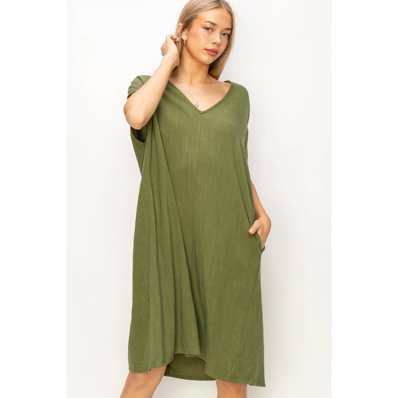 V-Neck Oversized Linen Midi Dress | Moss