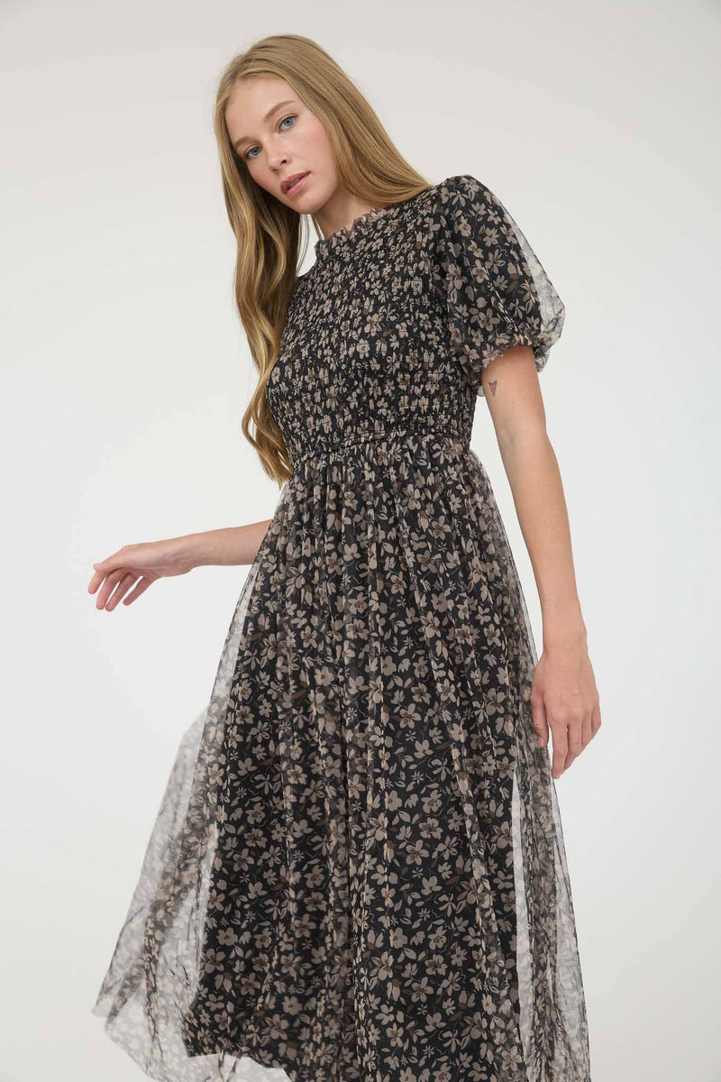 Floral Smocked Puff Sleeve Chiffon Midi Dress | Black