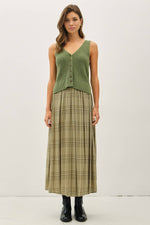Plaid Printed Pleated Midi Skirt | Mocha
