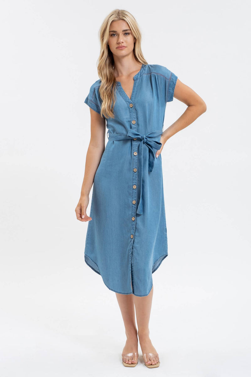 The Amanda Chambray Button Down Belted Midi Dress