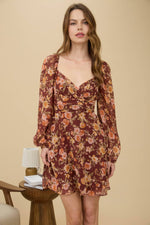 Floral Sweetheart Long Sleeve Mini Dress | Burgundy