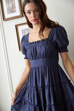 Square Neck Smocked Detail Tiered Mini Dress | Navy