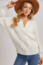 Split Neck Cable Sweater Pullover | Mocha
