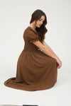 V-Neck Front Tie Smocked Puff Sleeve Midi Dress | Brown
