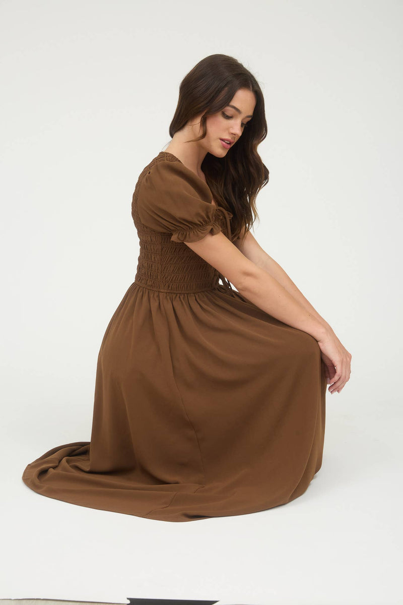 V-Neck Front Tie Smocked Puff Sleeve Midi Dress | Brown