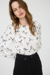 Bow Pattern Round Neck Long Sleeve Blouse | Cream