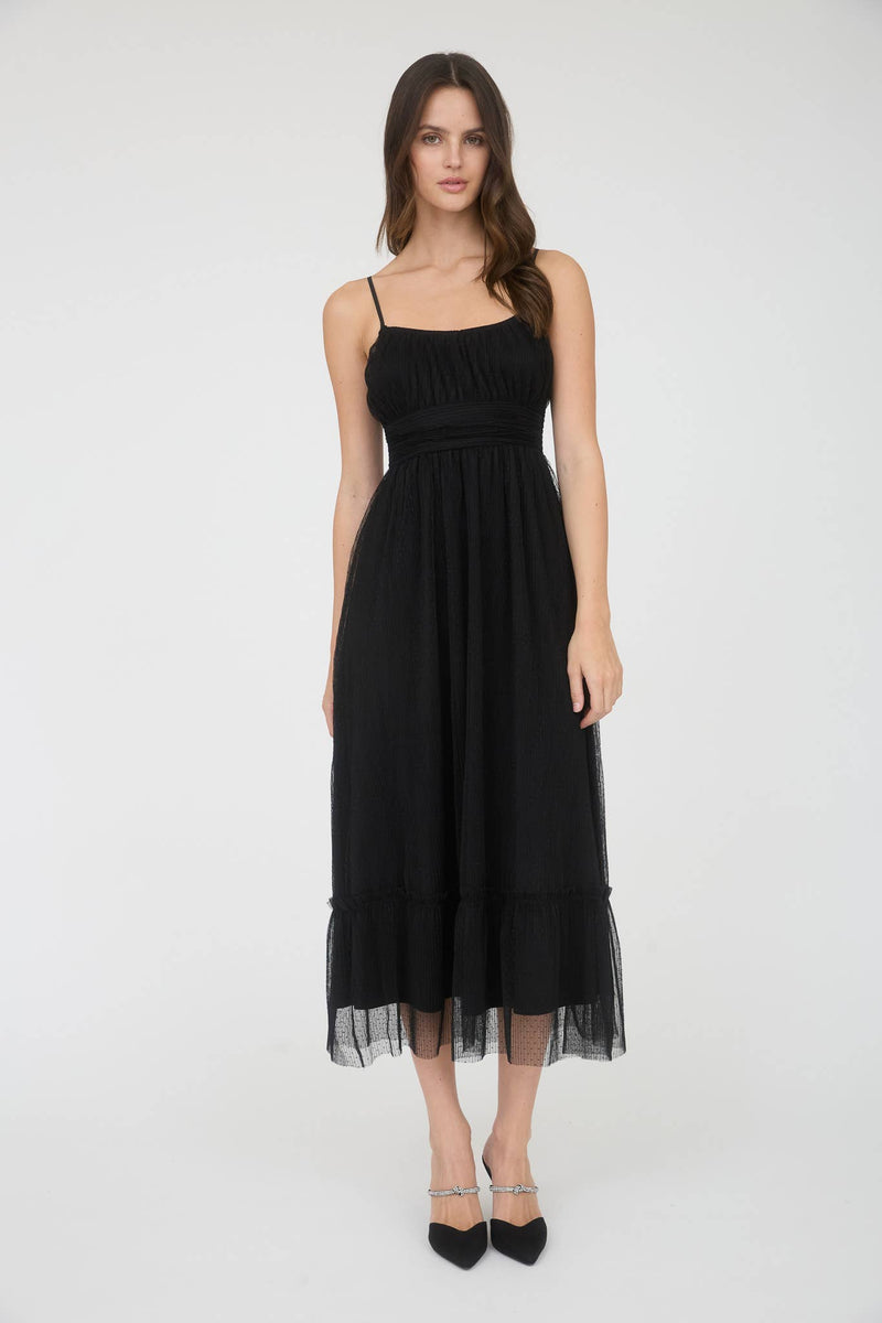 Polka Dot Tulle Spaghetti Strap Midi Dress | Black