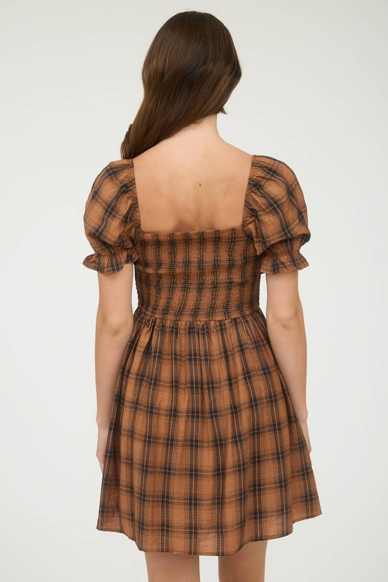 Plaid Smocked Puff Sleeve Mini Dress | Brown