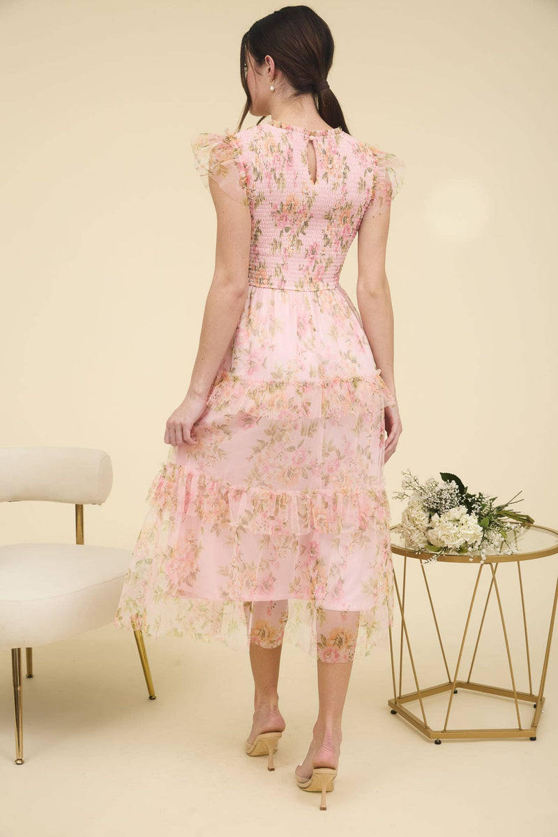 Floral Smocked Ruffle Detail Tiered Maxi Dress | Pink