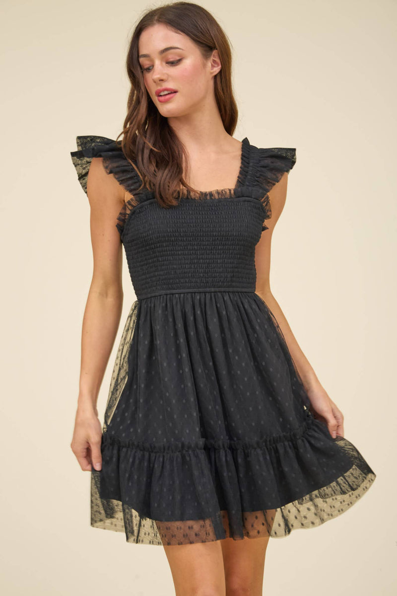 Garden Party Polka Dot Chiffon Tiered Mini Dress | Black