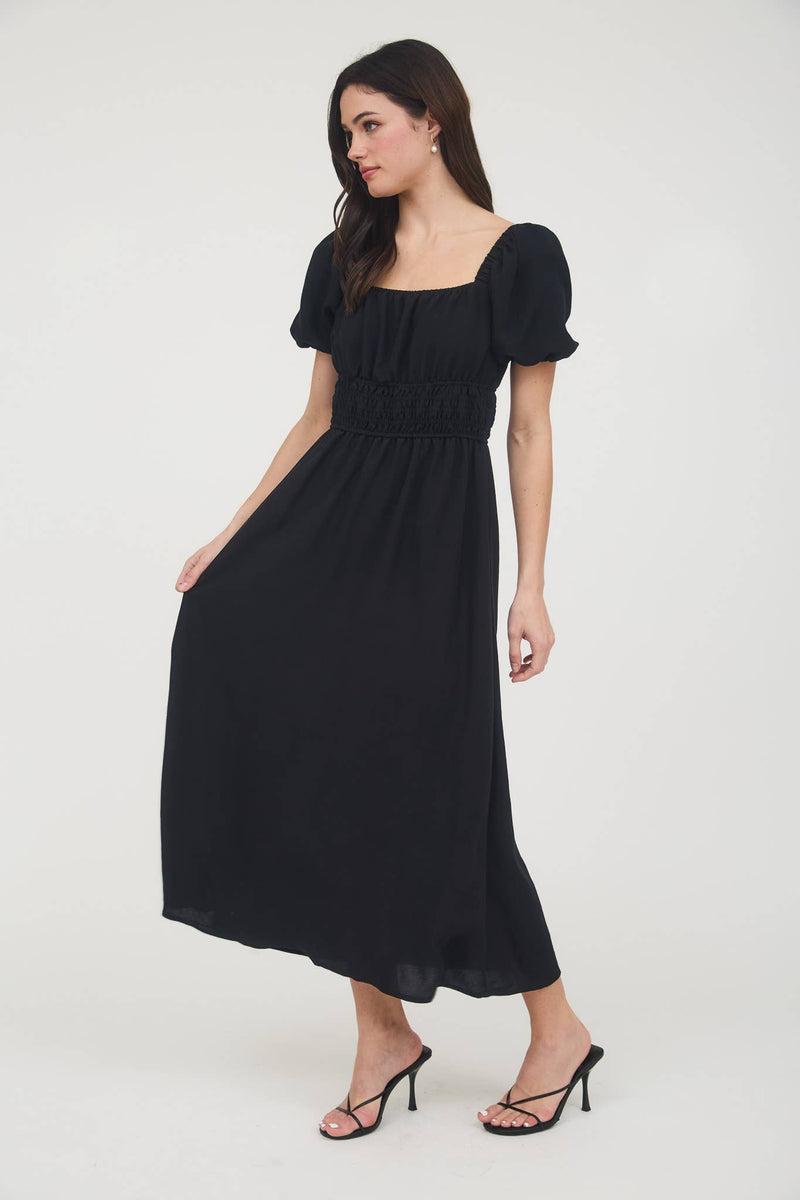 Solid Smocked Waist Balloon Sleeve Midi Dress | Black
