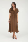 V-Neck Front Tie Smocked Puff Sleeve Midi Dress | Brown