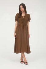 V-Neck Front Tie Smocked Puff Sleeve Midi Dress | Brown