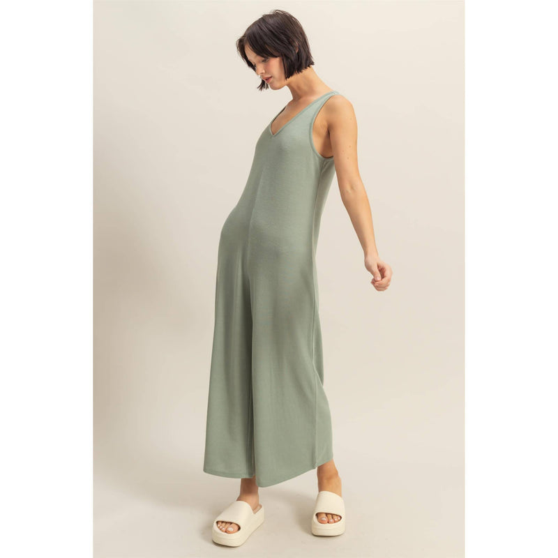 V-Neck Sleeveless Wide Leg Jumpsuit | Light Sage