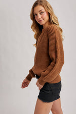 Split Neck Cable Sweater Pullover | Mocha