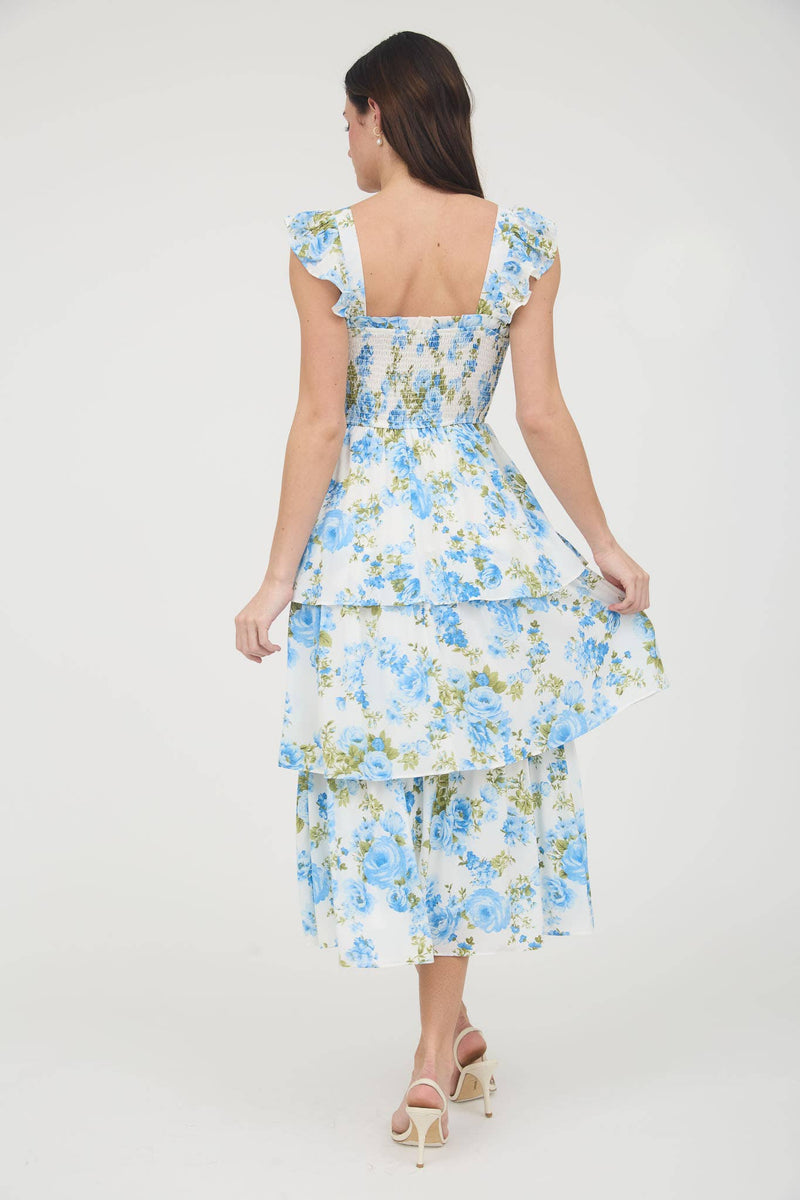 Floral Smocked Sleeveless Ruffle Tiered Dress | Blue