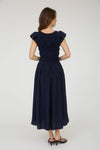 Shirred Bodice Ruffle Sleeve Midi Dress | Navy