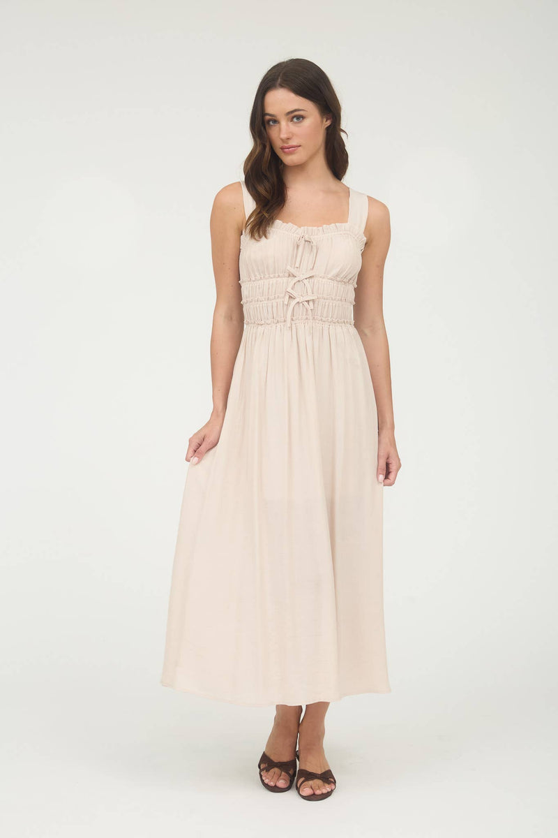 Shirred Front Tie Detail Midi Dress | Khaki