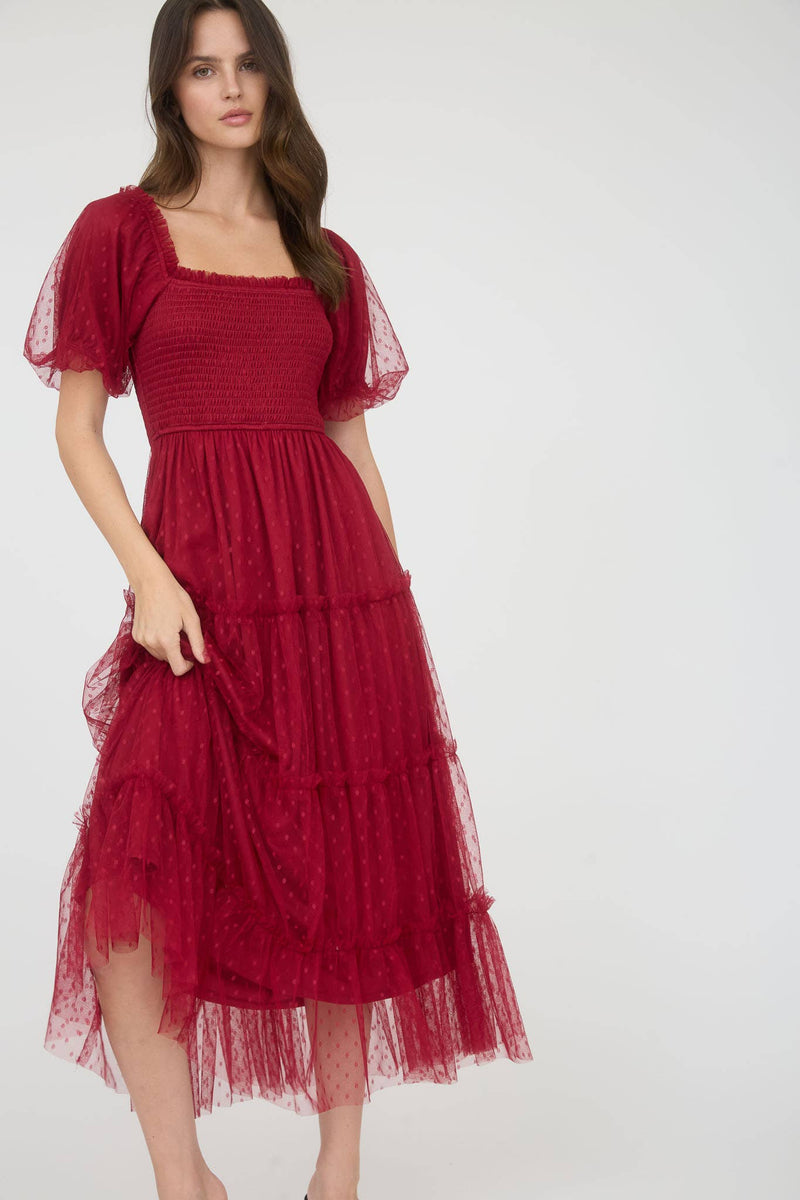 The Garden Party Puff Sleeve Midi Dress | Deep Red