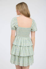 Strip Floral Puff Sleeve Tiered Mini Dress | Sage