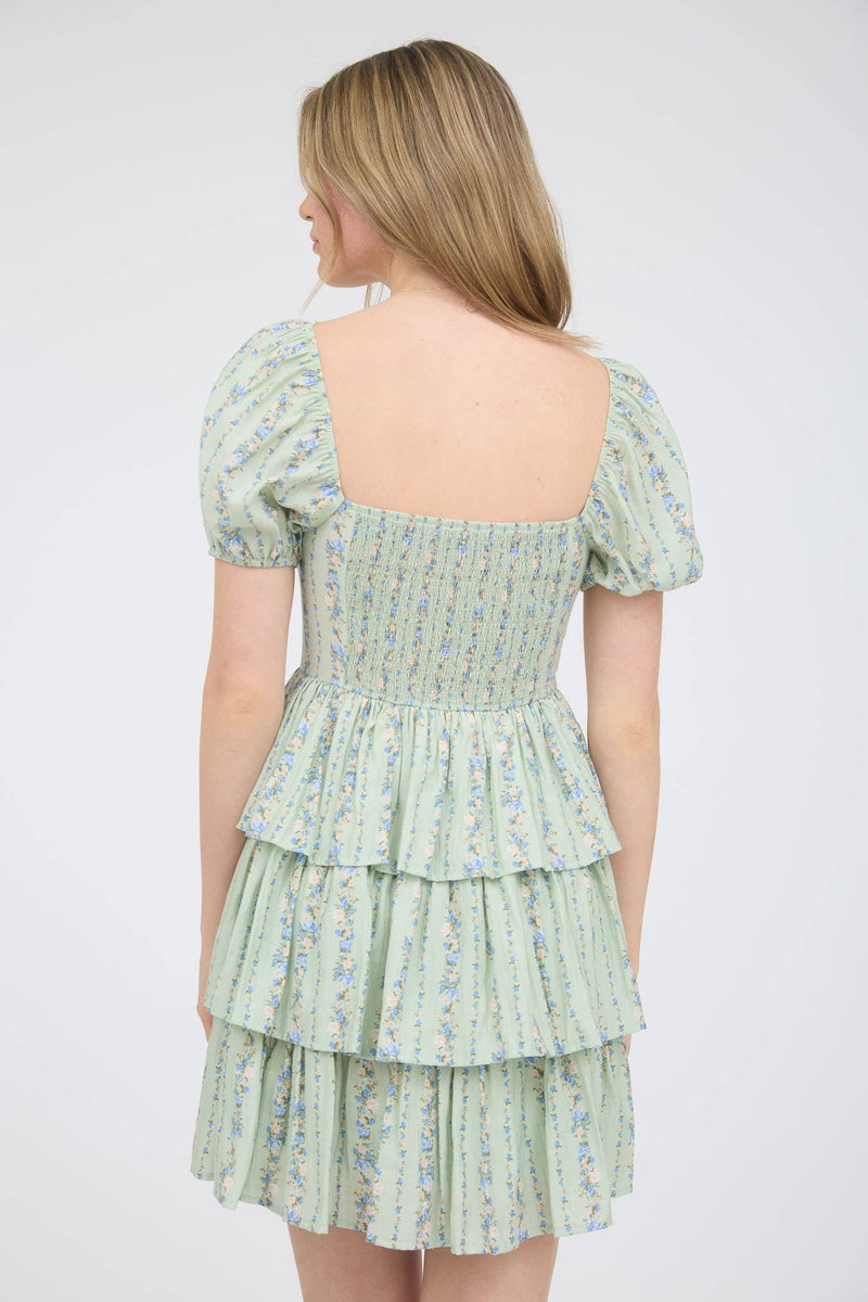 Strip Floral Puff Sleeve Tiered Mini Dress | Sage
