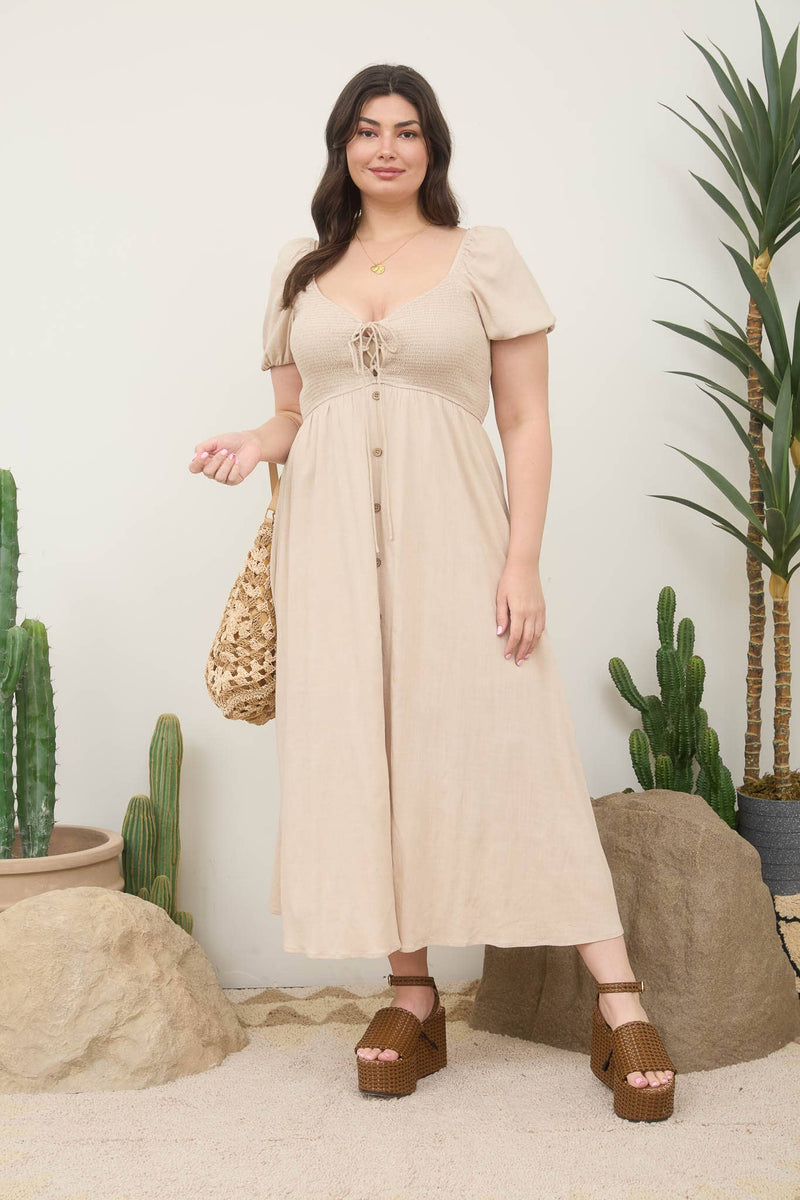 Curvy Smocked Front Tie Button Down Midi Dress | Light Olive