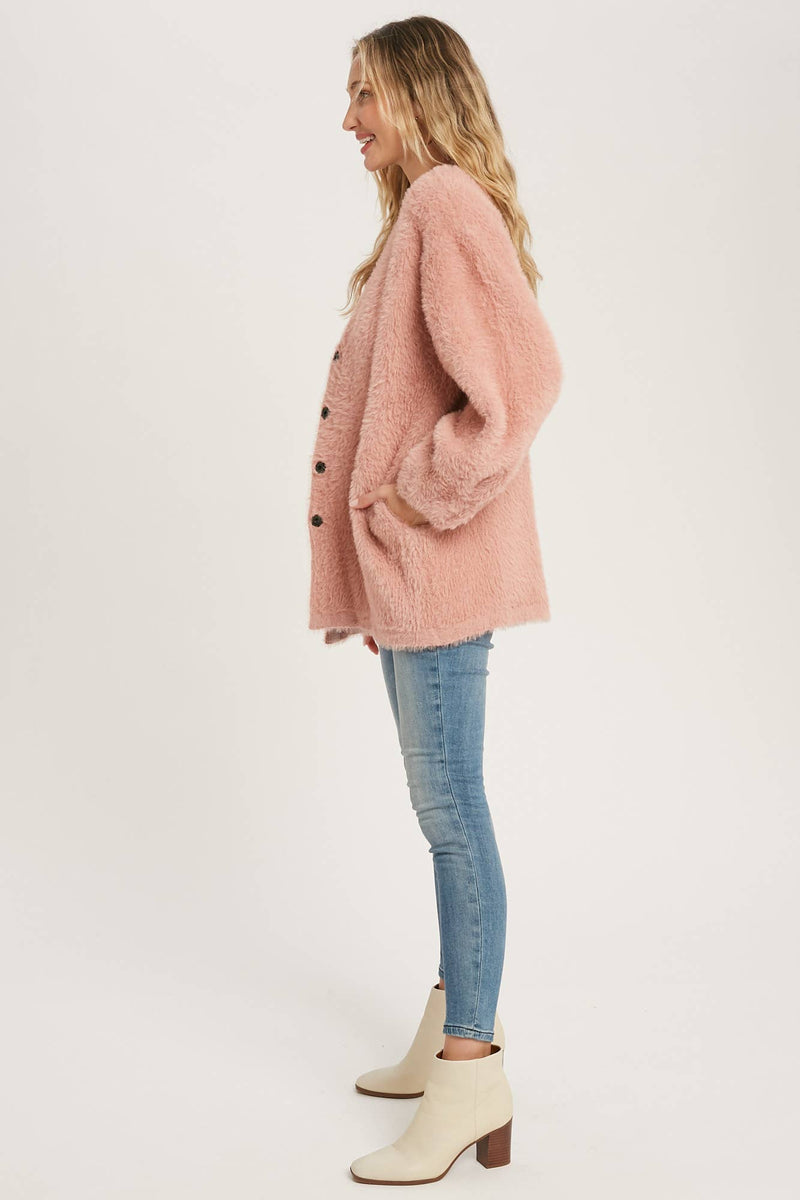 Fuzzy Knit Balloon Sleeve Jacket | Dusty Pink