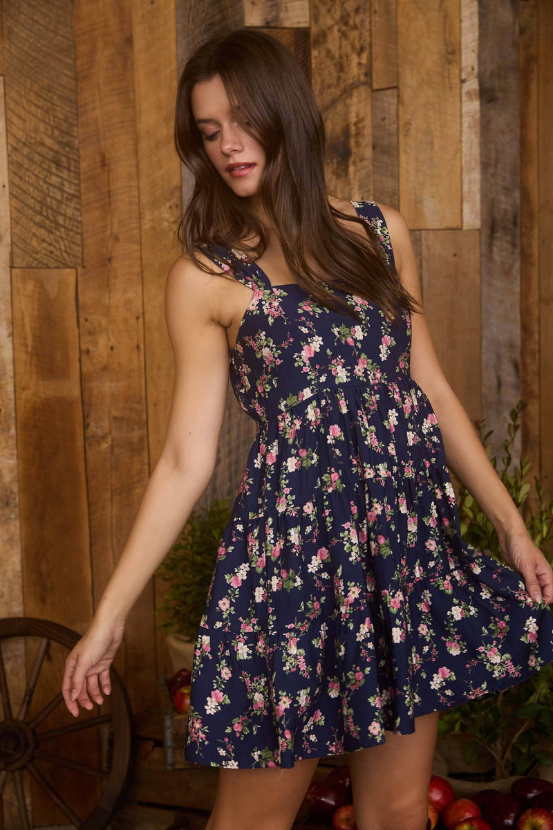 Floral Sleeveless Tiered Mini Dress | Navy