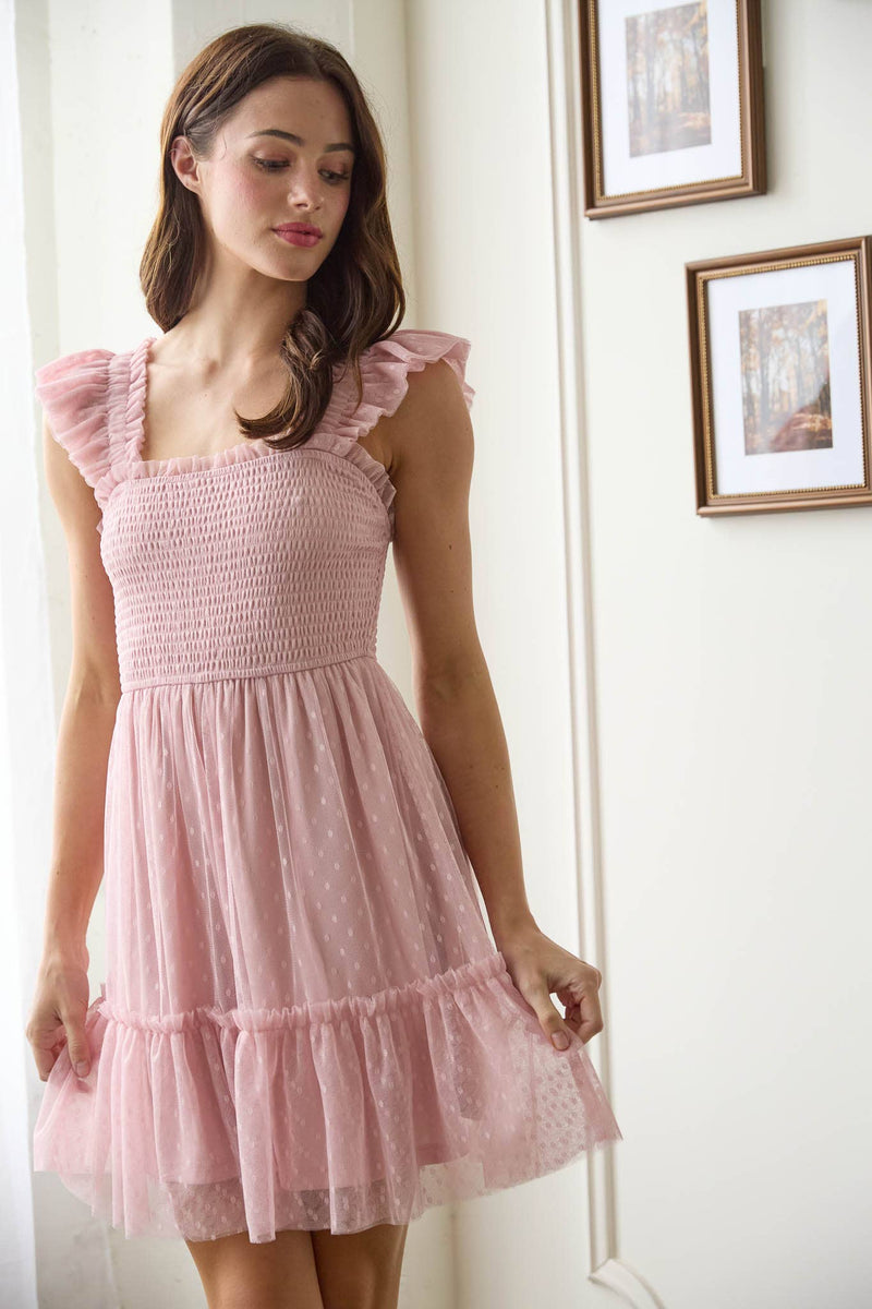 Garden Party Polka Dot Chiffon Tiered Mini Dress | Pink