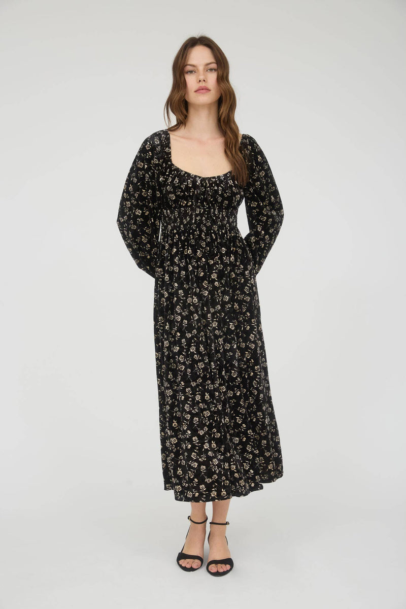 Floral Long Sleeve Velvet Midi Dress | Black