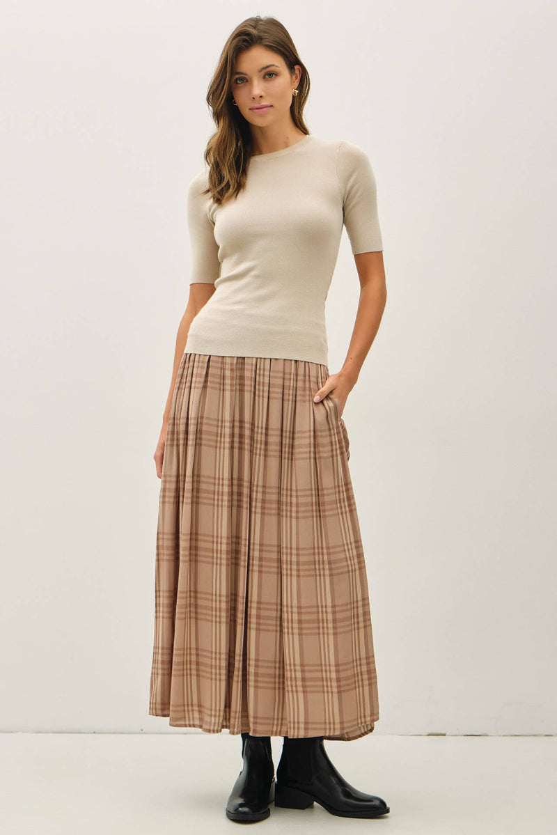 Plaid Printed Pleated Midi Skirt | Mocha