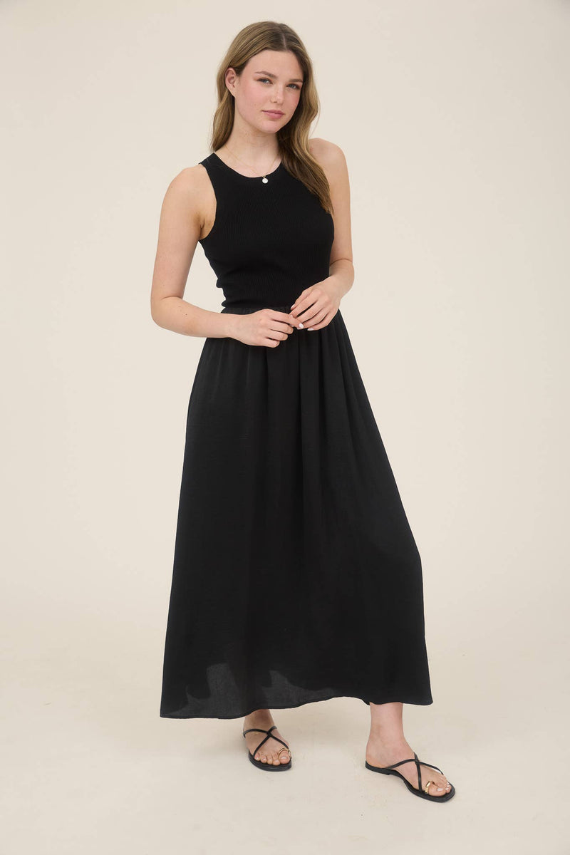 Knit Mix Media Sleeveless Midi Dress | Black