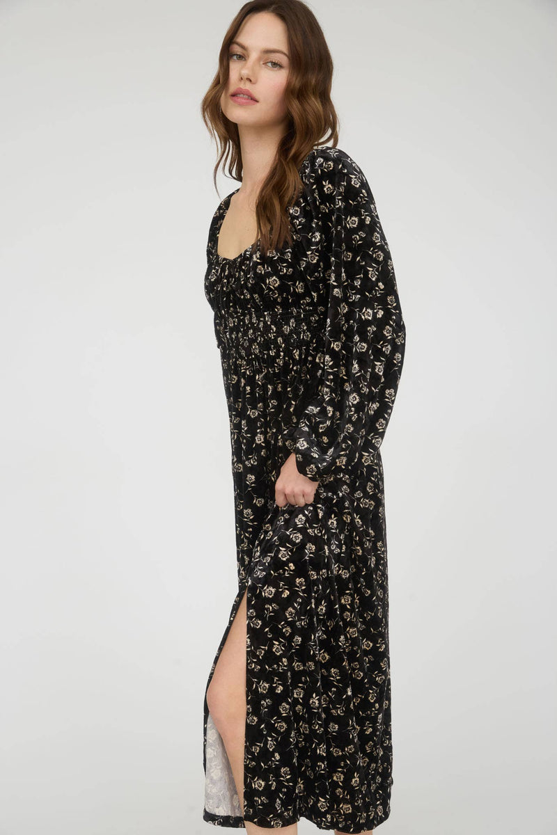 Floral Long Sleeve Velvet Midi Dress | Black