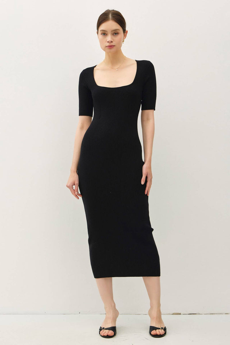 Square Neck Half Sleeve Body-con Sweater Dress | Black