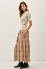 Plaid Printed Pleated Midi Skirt | Mocha
