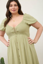 Curvy Smocked Front Tie Button Down Midi Dress | Light Olive
