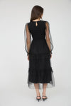 Mesh Smocked Long Sleeve Tiered Midi Dress | Black