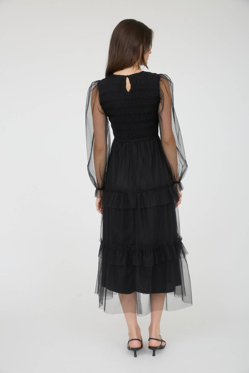 Mesh Smocked Long Sleeve Tiered Midi Dress | Black