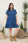 Curvy Dark Chambray Collared Button Down Shirt Dress